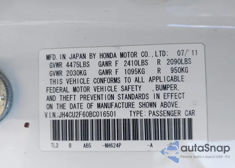 2011 Acura Tsx 2.4 z USA, uszkodzony, nr VIN JH4CU2F60BC016501